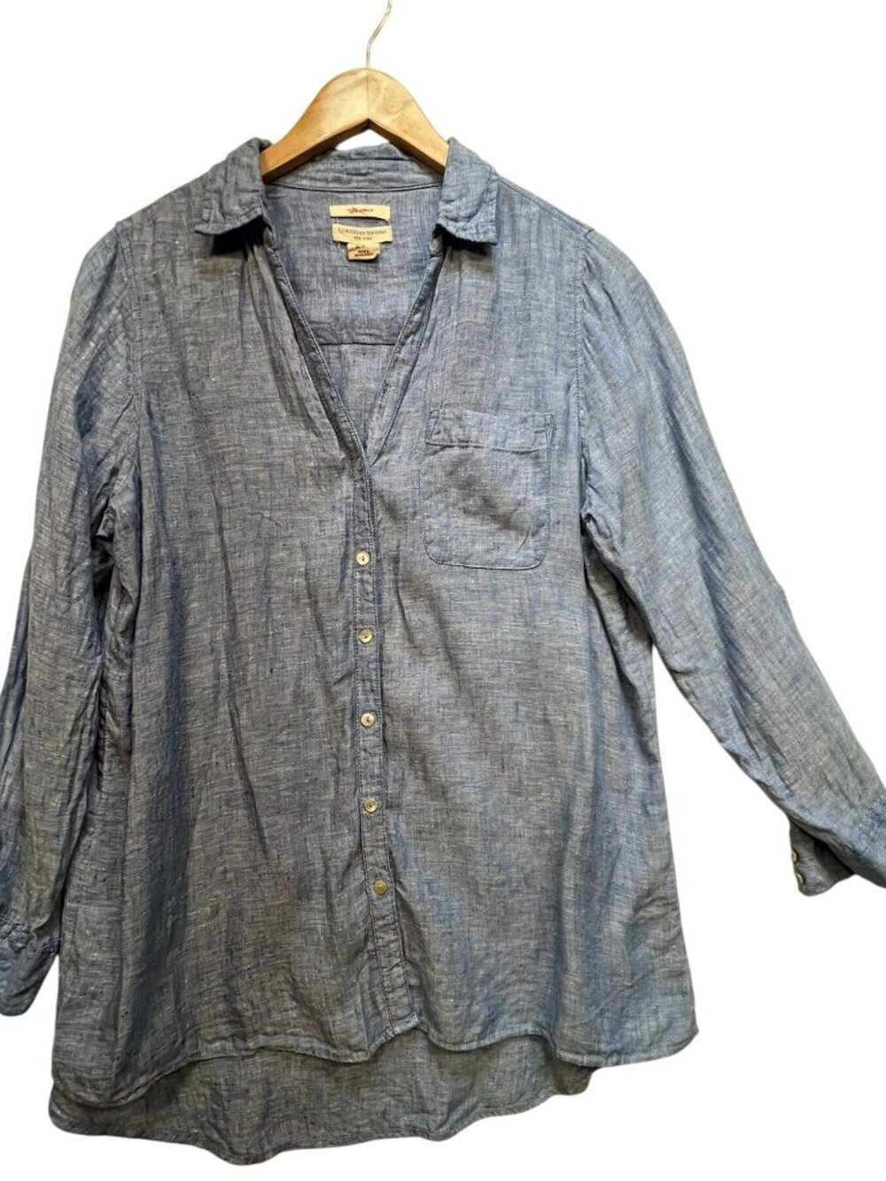 Christian Siriano Womens Button-Up Linen Shirt Medium Blue Chambray Casual Top